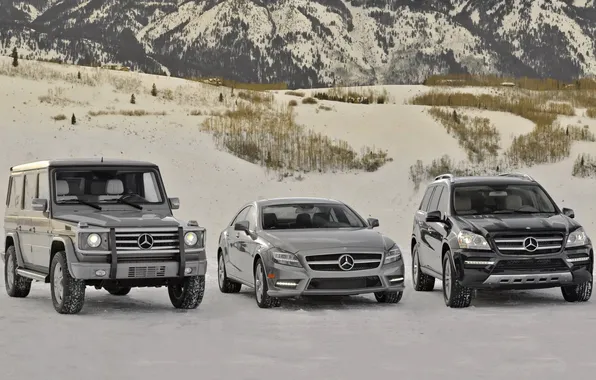 Picture snow, mountains, mercedes-benz, Mercedes, mixed, cls-class, lineup, G-class