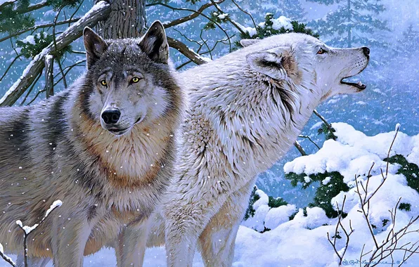 Picture winter, wolves, painting, Rod Lawrence