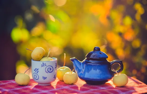 Picture autumn, nature, table, apples, kettle, dishes, tablecloth, bokeh