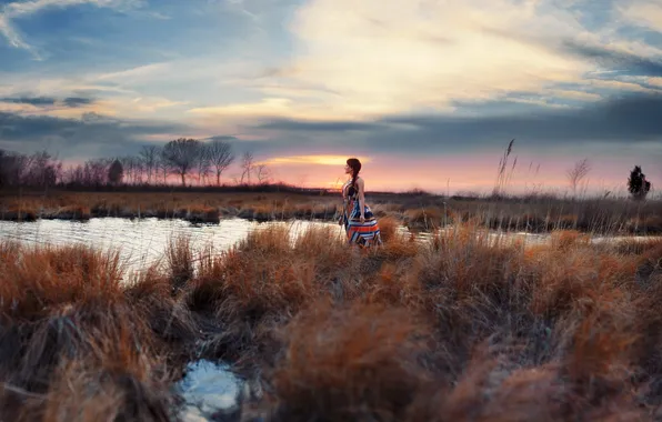 Field, girl, sunset