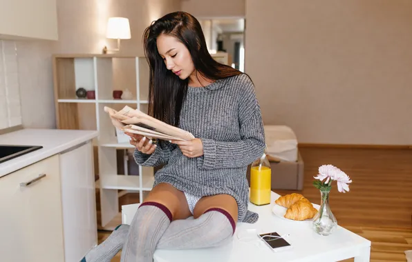 Picture lady, brunette, reading, gray, sweater, knee socks, busy