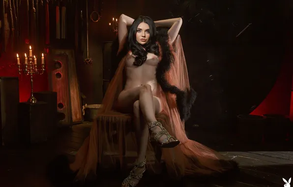 Playboy, nipples, boobs, chandelier, looking at camera, Catjira, candels, raven haired