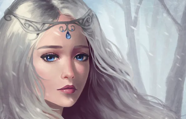 Picture sadness, look, girl, snow, hair, art, decoration, fantasy