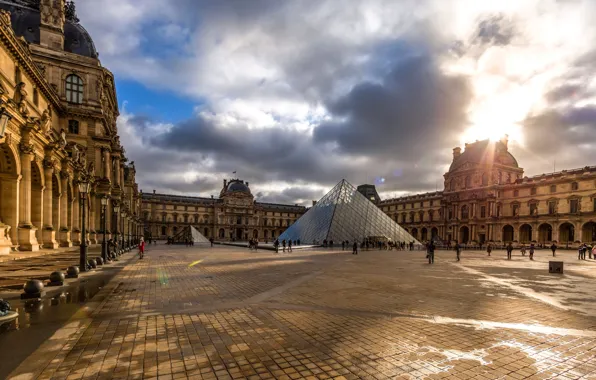 The sky, clouds, France, Paris, The Louvre, yard, lights, Museum