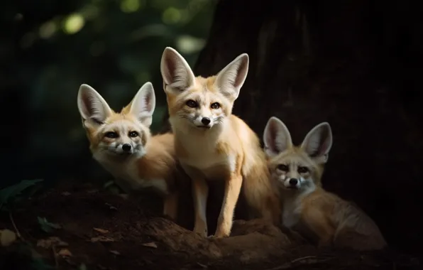 Forest, nature, the dark background, tree, Fox, trio, Fenech, poses