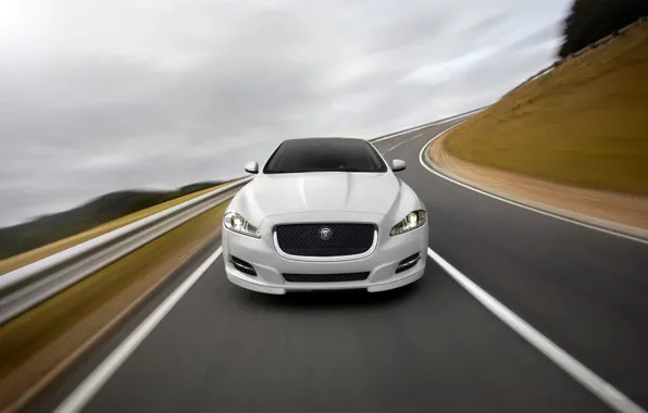 Jaguar, Road, White, Machine, Logo, The hood, The front, Blur