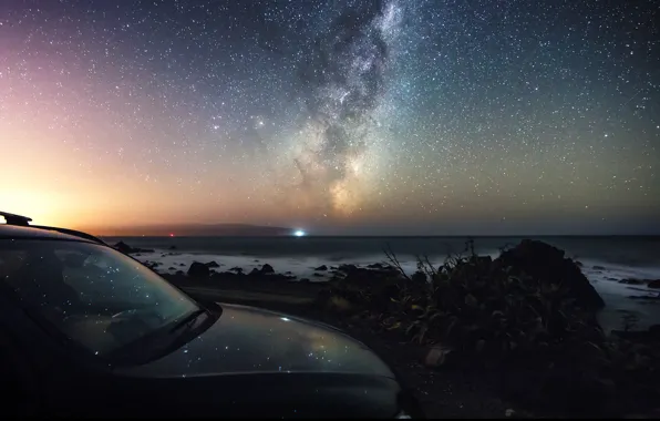 Picture the sky, stars, sunset, reflection, coast, the hood, The milky way, car