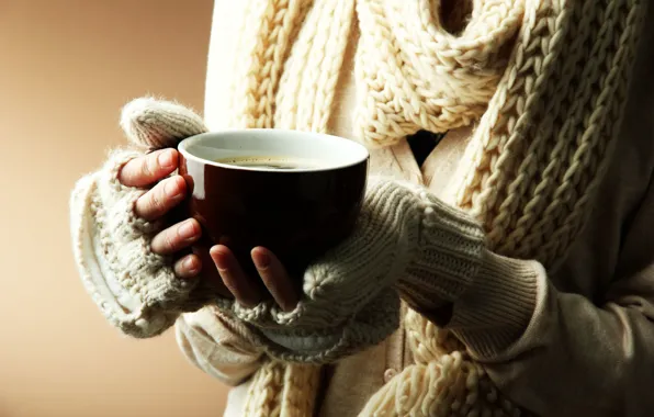 Picture winter, girl, heat, background, Wallpaper, mood, hands, scarf