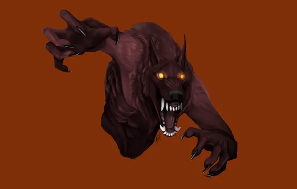 Eyes, face, mouth, claws, fangs, werewolf