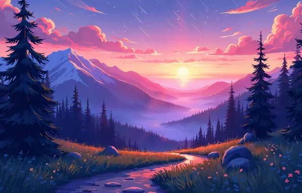 Flowers, The sun, Mountains, Trees, Dawn, River, Digital art, AI art