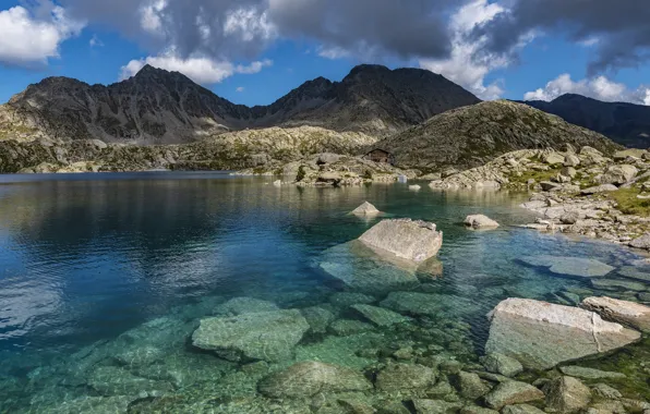 Mountains, lake, stones, rocks, shore, the bottom, house