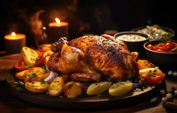 Greens, light, the dark background, table, food, candles, bow, meat