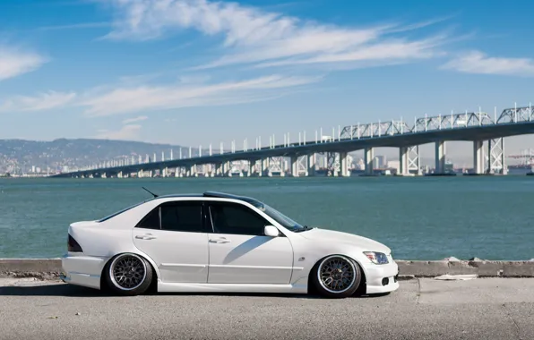 Picture sea, bridge, view, turbo, lexus, white, japan, toyota, jdm, tuning, low, height, is200, stance