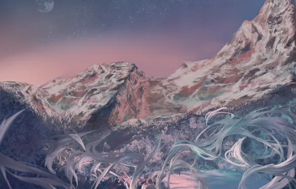 The sky, girl, mountains, the moon, Hatsune Miku, Vocaloid