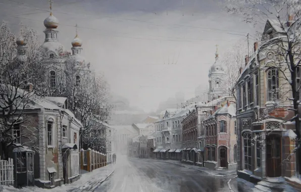 Winter, home, Church, Alexander Starodubov, Merry Christmas! painting