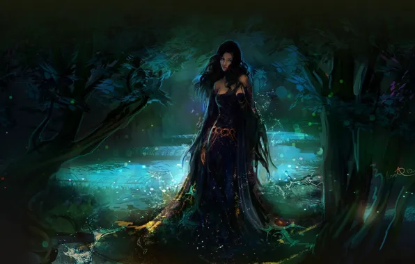 Picture forest, water, girl, drops, fantasy, art