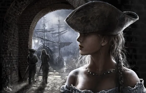 Picture look, girl, face, ship, hat, art, pass, arch