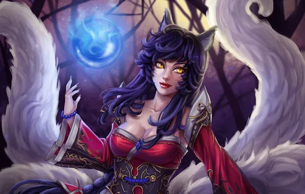Picture girl, Fox, tail, ears, league of legends, ahri, Nine-Tailed Fox