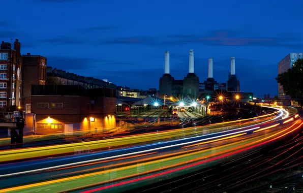 Picture night, England, London, night, London, England, light trails, battersea power station