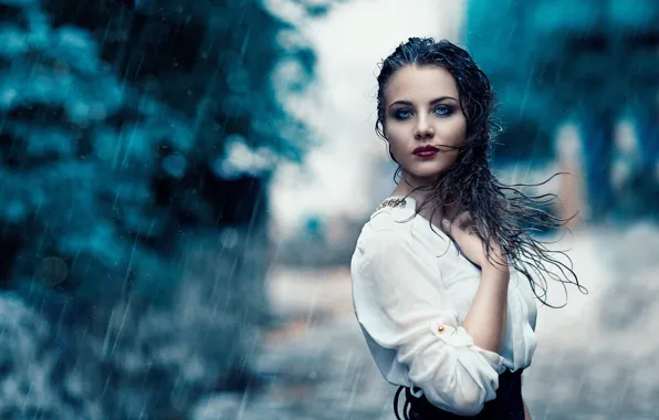 Girl, drops, rain, wet, bokeh
