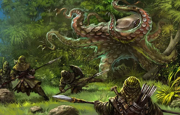 Forest, attack, monster, warriors, Gamedev illustration