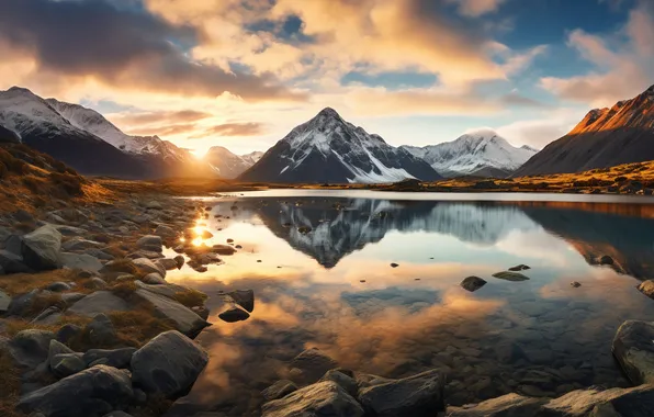 Autumn, the sky, the sun, clouds, snow, mountains, lake, reflection