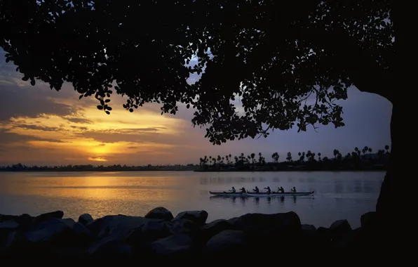 Picture trees, sunset, river, shore, boat, team, swimming, Canoeing