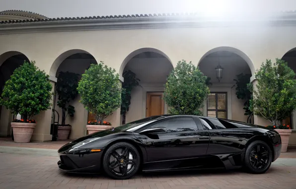 Picture black, lamborghini, black, side view, columns, murcielago, lp640, Lamborghini