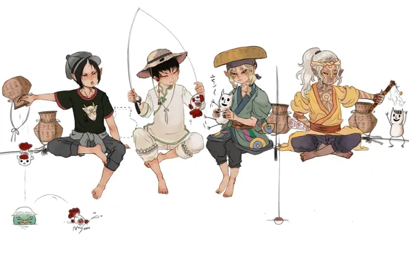Fishing, art, guys, Hoozuki no Reitetsu, Kusuriuri Dark, Mononoke, Kusuriuri, Cross-Over
