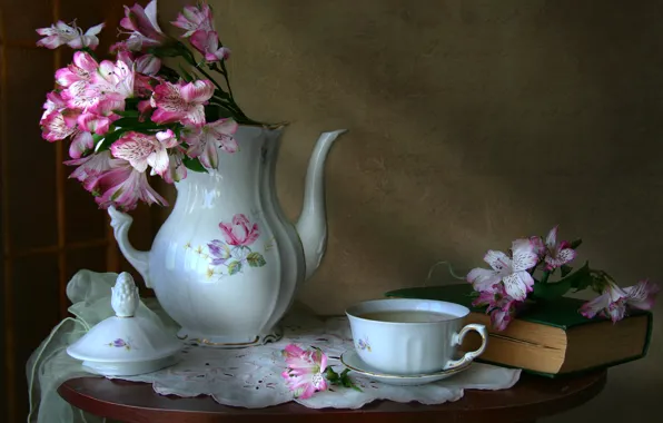 Flowers, coffee, texture, dishes, book, still life, vintage, Alstroemeria