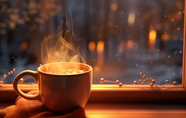 Winter, glass, light, comfort, tea, window, Christmas, mug