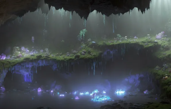 Crystals, cave, dungeon, digital art, AI art, art work Razor127, strange plants, speliology