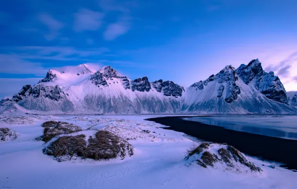 Winter, sea, snow, mountains, coast, Iceland, Iceland, Stokksnes