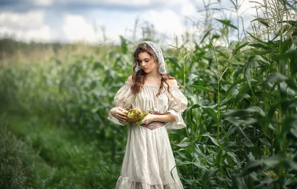 Picture Anastasia Barmina, nature, basket, brown hair, Anastasia Barmina, neckline, curls, corn