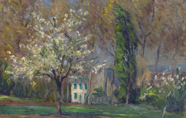 Trees, landscape, house, picture, spring, Henri Lebacq, Landscape with House