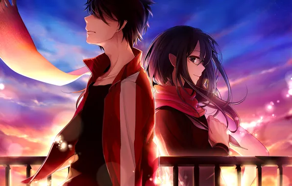 Girl, the wind, the fence, scarf, art, railings, guy, kagerou project