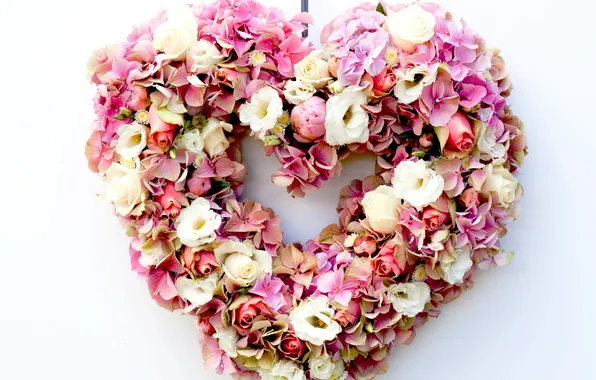 Flowers, heart, roses, hydrangea, eustoma