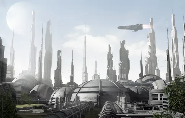 City, sky, planet, Couple, spasceship