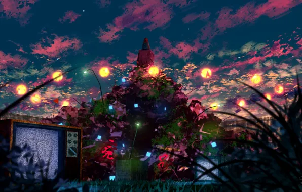 The sky, girl, garbage, TV, twilight