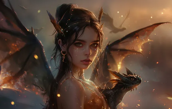 Look, girl, light, flight, dragon, wings, brunette, fantasy