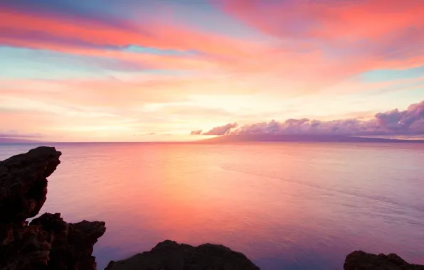 Picture the ocean, rocks, dawn, Hawaii, Hawaii, Maui, Ka'anapali coast