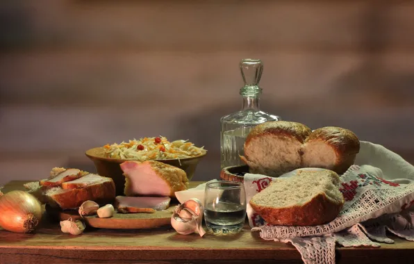 Bread, cabbage, Still life, decanter, fat