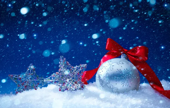 Picture winter, stars, snow, new year, ball, ribbon, Christmas decorations