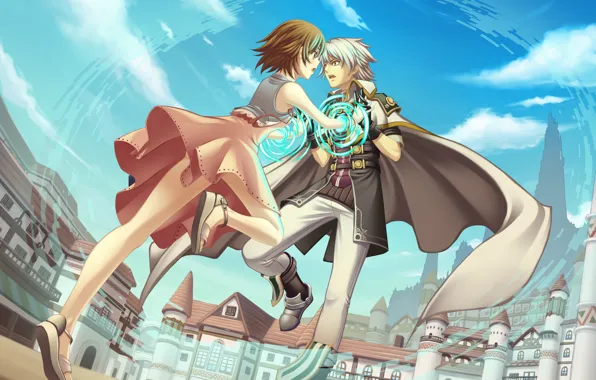 Picture girl, the city, castle, magic, anime, art, guy, two