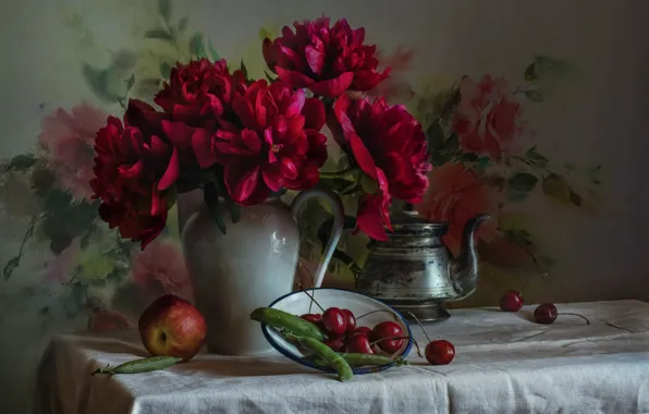 Cherry, Apple, peas, peonies