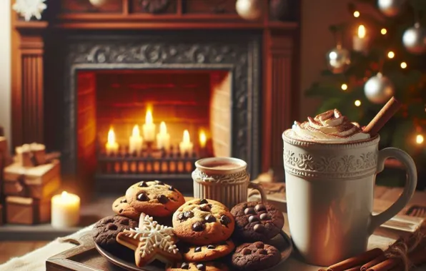 Table, cookies, Christmas, mug, New year, fireplace, drink, cinnamon