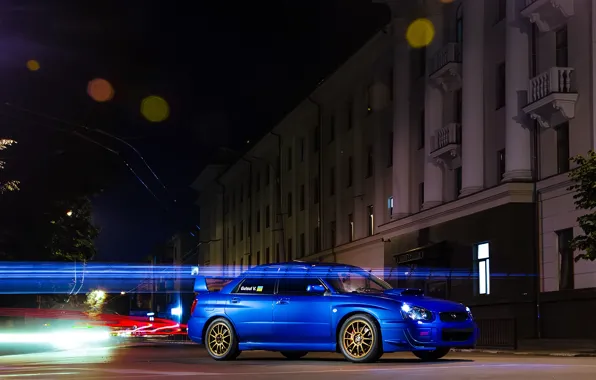 Night, blue, strip, traffic, subaru, blue, wrx, night
