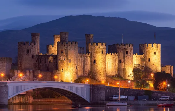 Picture bridge, lights, tower, Wales, Conwy castle