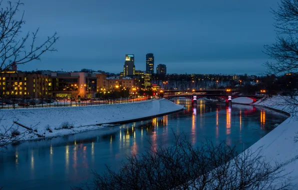 Winter, bridge, lights, reflection, street, lights, panorama, channel