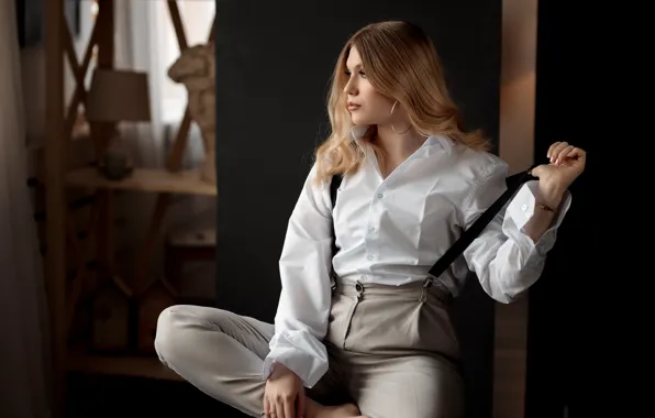 Picture girl, pose, blonde, shirt, pants, braces, Vladimir Vasiliev, Katerina Utekhina